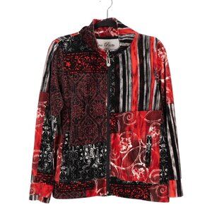Onque Patchwork Velvet Jacket Petite L Y2K Red Black Zip Velour Pocket Tapestry